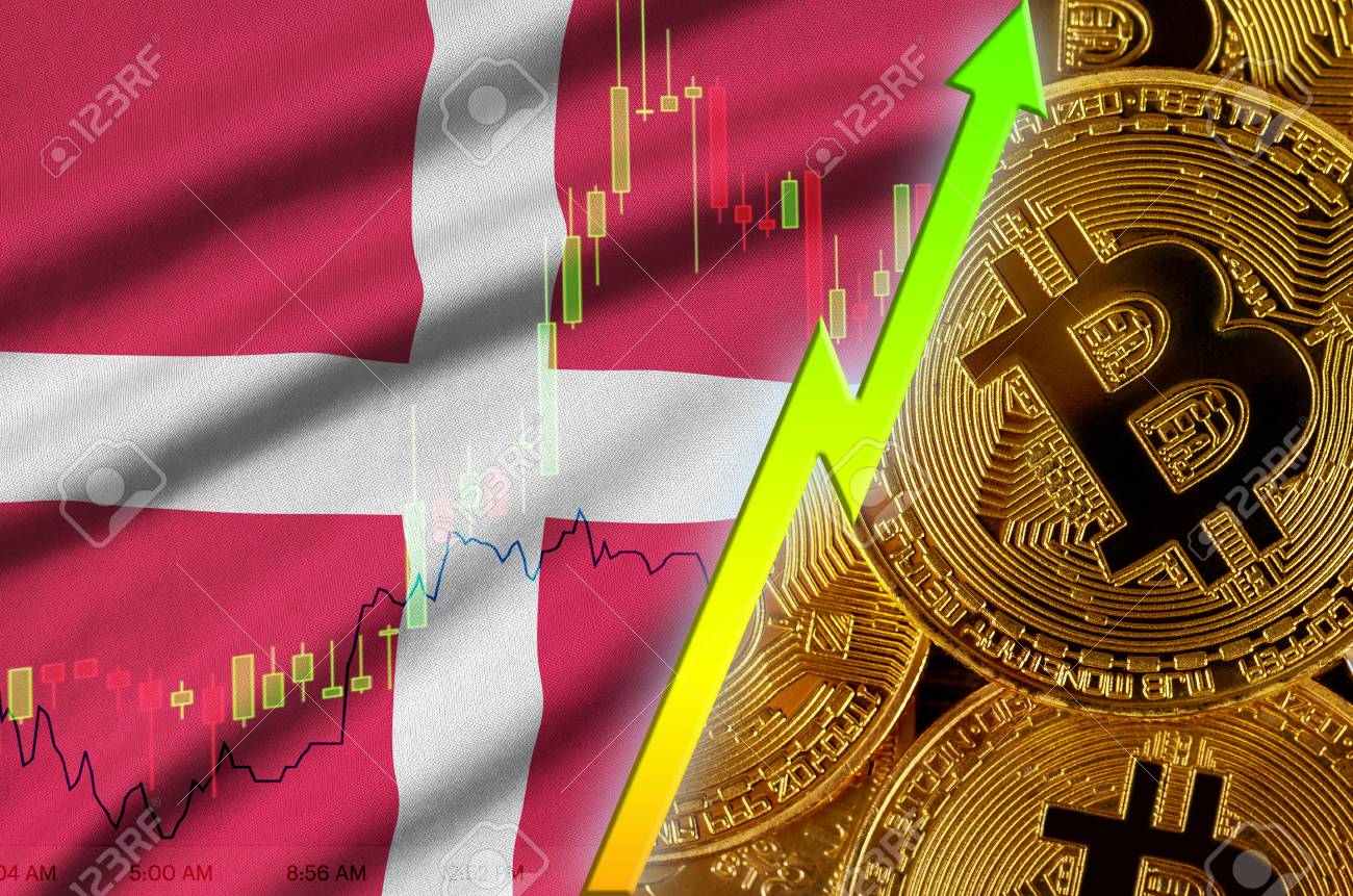 Denmark Flag And Cryptocurrency Growing Trend With Many Golden - 